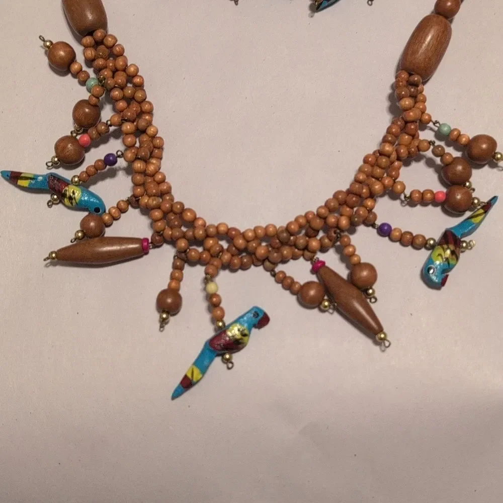 Colorful Wooden Bead Bird Necklace and Pierced Earring Set Tropical Fun